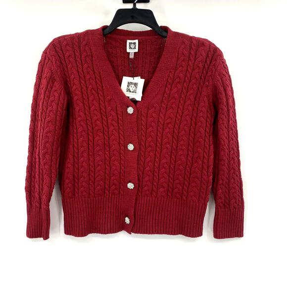 Anne Klein Sweaters - Anne Klein Red Cable Knit Jewel Button Cardigan Size Medium